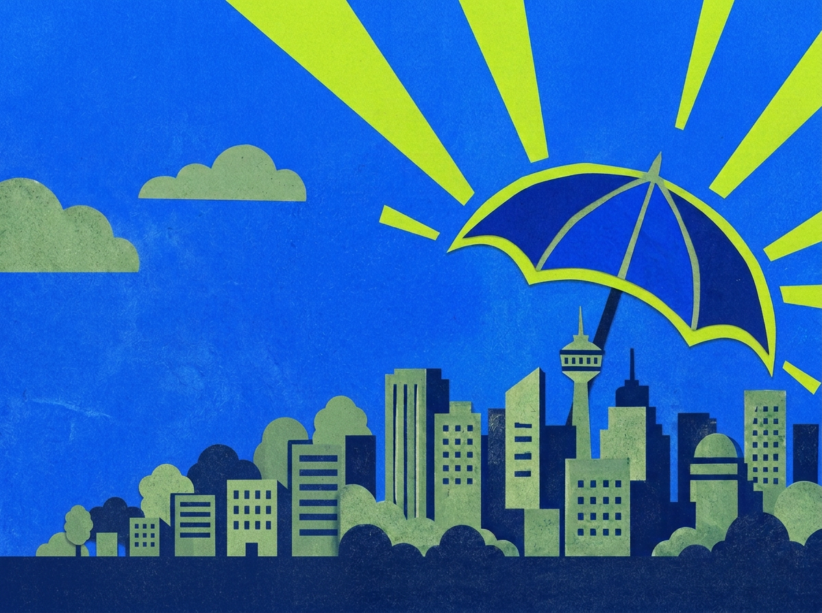 Illustration of a city skyline sheltered by a protective umbrella